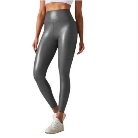 YOGALICIOUS FAUX LEATHER Lady Love Ankle LEGGINGS PAVEMENT Gray - Picture 1 of 14